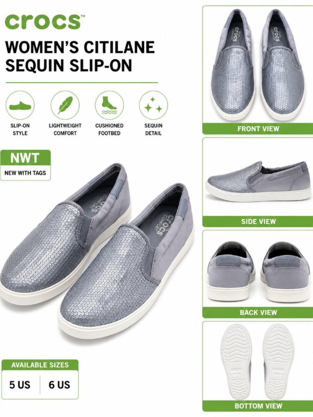NWT Crocs CitiLane Sequin Slip-On Shoes Silver Women's Sizes 5 & 6 - Picture 1 of 8